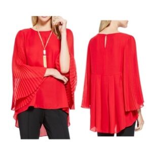 Vince Camuto Pleated Bell Sleeve Blouse Womens Large Bright Red Flowy Loose Fit